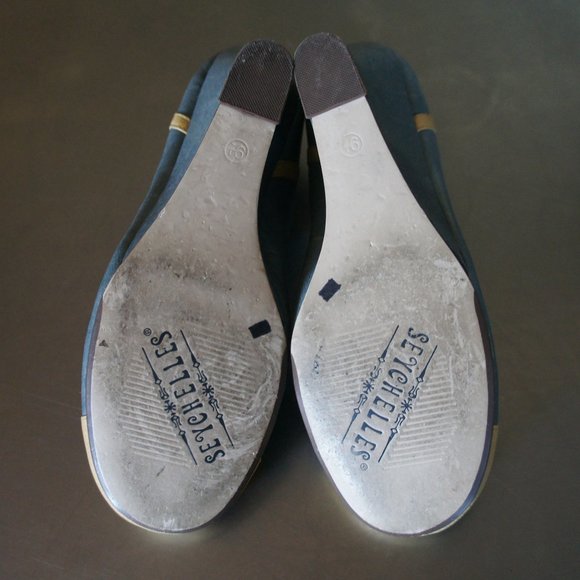 Anthropologie Seychelles Leather Grey Yellow T-Strap Mary Jane Shoes Wedges 9.5 - Picture 6 of 6